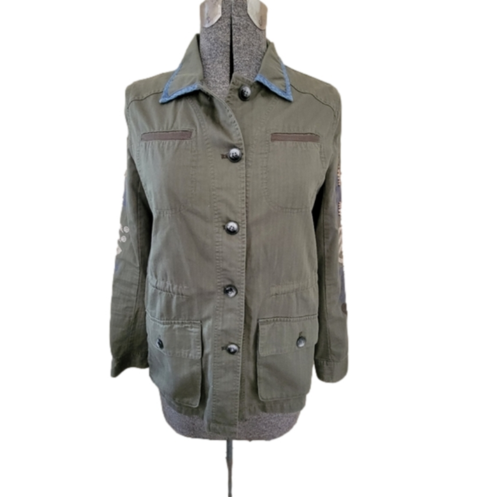 Anthropologie Utility Military Army Green Button Down Jacket-Size Small
